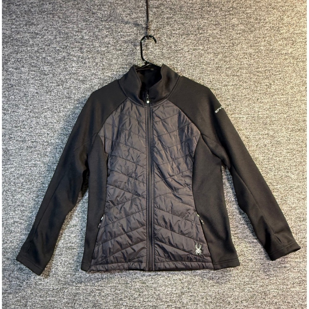 Spyder Women Hybrid Puffer Jacket Black Full Zip Quilted Waffle Knit